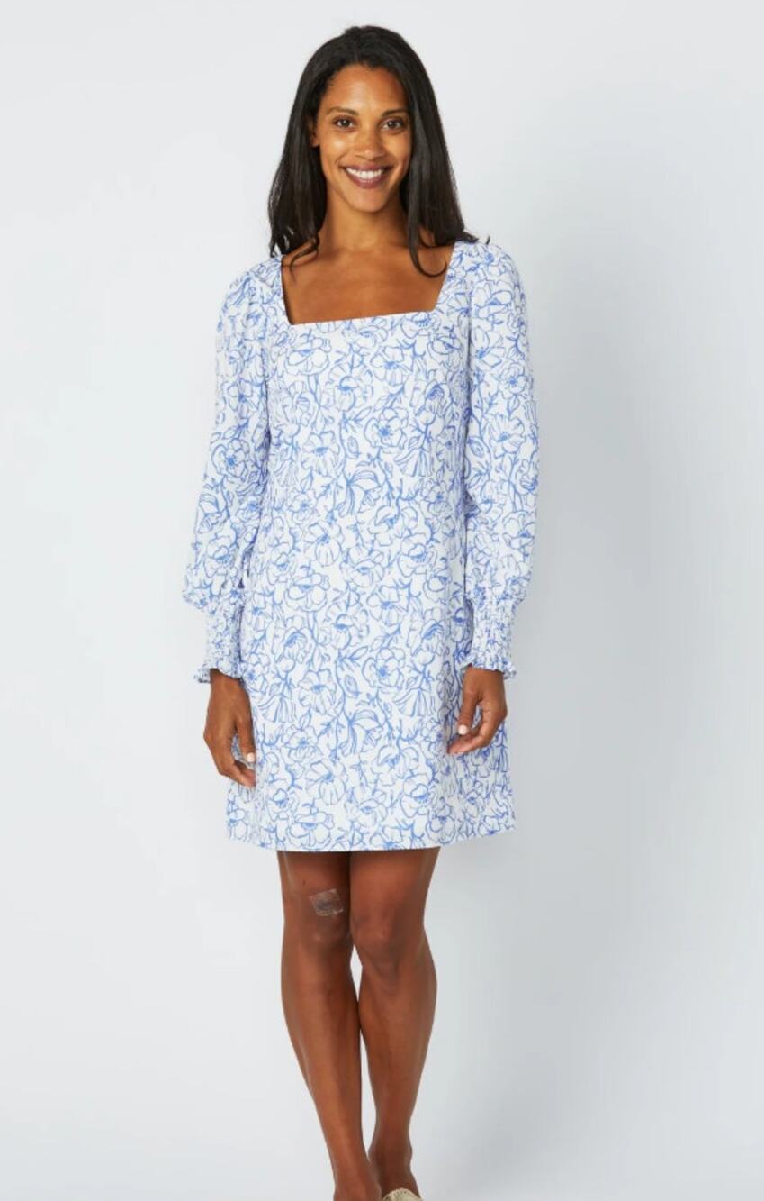 Sail To Sable White Blue Floral Vine Print Square Neck Dress Women's Size XL